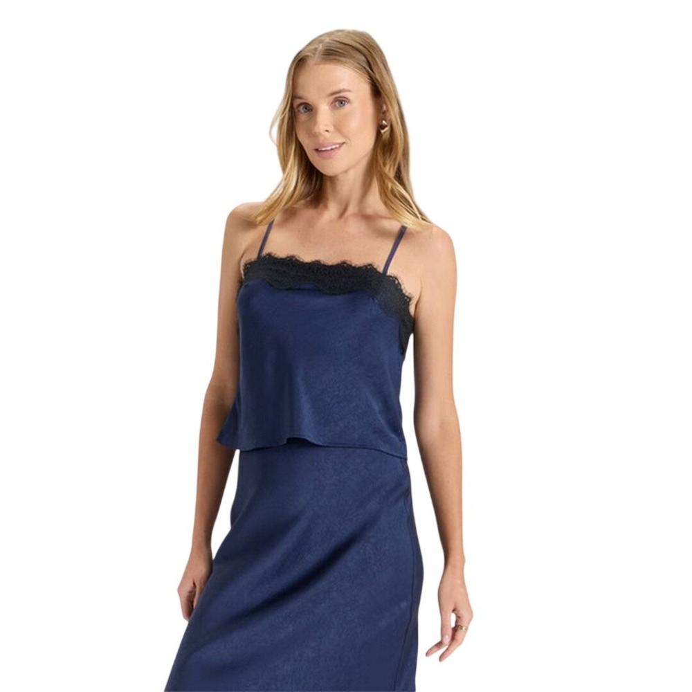 A New Day Women's Navy Blue Lace Trim Satin Camisole Tank Top Size XXL
